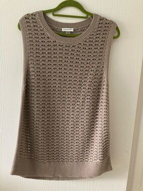Calvin Klein Taupe Crochet Knit Sleeveless Sweater
